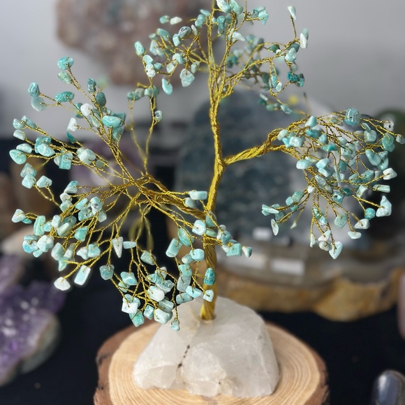 Other - 🌳 Turquoise With Gold Wire Tree on Raw Quartz – Crystal Decor from Brazil